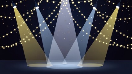Empty stage with dramatic spotlights and festive string lights.
