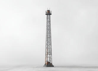Tall industrial metal lattice mast tower isolated on white background with observation platform and antennas for communication and engineering structure design
