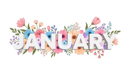 Floral watercolor typography with January month lettering.