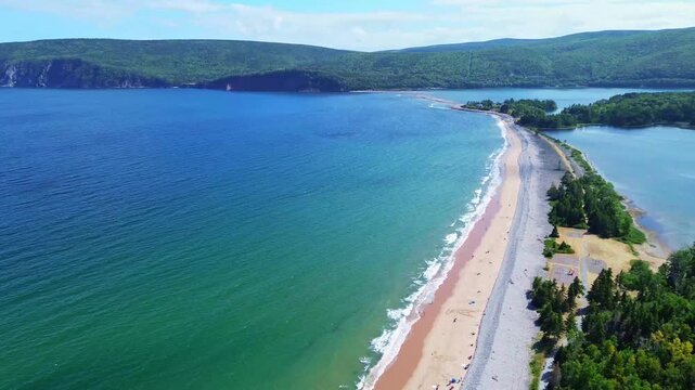 Aerial 4K View of Cape Breton Island in Summer&ndash; Cabot Trail, Highlands & Coastal Beauty, Nova Scotia, Canada	
