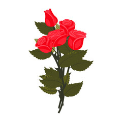 A bouquet of bright red roses. A set of four cute flowers and one bud. Vector illustration on a white background.