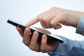 A woman works with a smartphone in the office, on a report. Close-up of her hands. 	