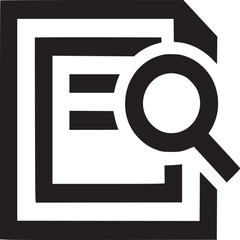 A black and white graphic of a document with a magnifying glass on a white background view icon