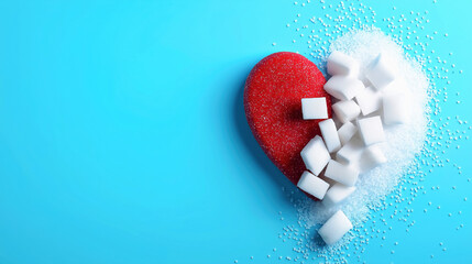 Red heart and sugar cubes symbolizing diabetes awareness on blue background with copy space for World Diabetes Day November 14