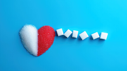 Red heart and sugar cubes symbolizing diabetes awareness on blue background with copy space for World Diabetes Day November 14
