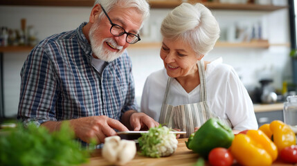 Faceless happy young couple using digital tablet, preparing healthy meal together at home, cooking wellness, nutrition partnership , with copy space
