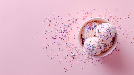 Scoops of vanilla ice cream topped with colorful sprinkles in a paper cup on pink.