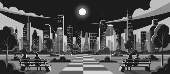 Lone hiker with a backpack and stick stands on a cliff overlooking a majestic mountain range with a glacier and an alpine lake in a cool-toned vector illustration style