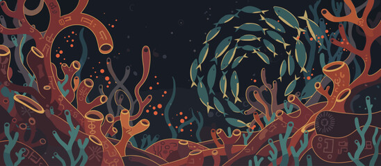 Abstract pattern of tangled interwoven lines in a cool blue and purple color palette with a hand-drawn comic book style and stippling texture, creating a chaotic and dense design