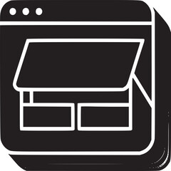 Black and white icon showing a website interface with an open window and a shadow effect design
