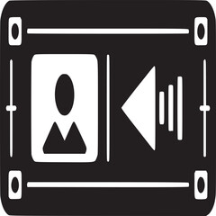 A black and white graphic of a video editor interface with a play button and profile icon