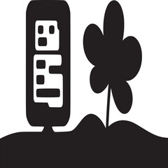 A stylized black and white image of a computer screen and a flower on a black background