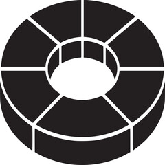A black and white graphic of a segmented torus with a central hole on a white background view from above