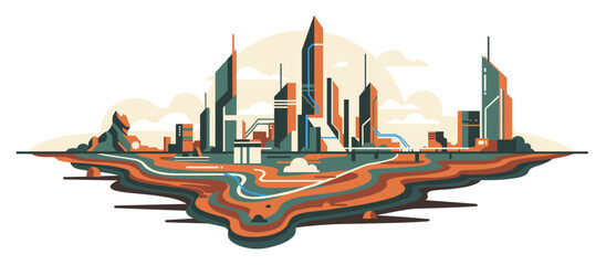 Beautiful young woman with long wavy hair stands in a city alley in a graphic novel style illustration with bold lines and a limited color palette of teal and ochre