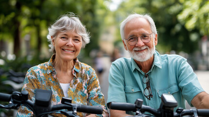 Active senior couple with electrobikes standing outdoors, road in nature, elderly cycling, wellness adventure, healthy aging , with copy space