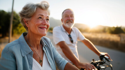 Active senior couple with electrobikes standing outdoors, road in nature, elderly cycling, wellness adventure, healthy aging , with copy space