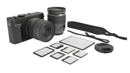 Photographer Essentials Set Camera Body Lens Memory Cards Strap Lens Cap Isolated on Transparent Background PNG

