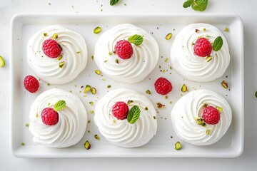 White meringue desserts topped with fresh raspberries mint and pistachios on plate.