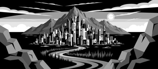 Thoughtful young woman with blonde hair and heavy chains around her neck stands before an endless corridor in a stylized comic book art illustration with a limited color palette