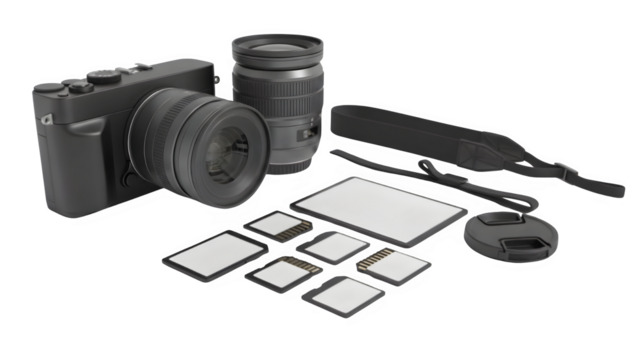 Photographer Essentials Set Camera Body Lens Memory Cards Strap Lens Cap Isolated on Transparent Background PNG

 - Powered by Adobe