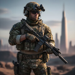 A modern soldier in a modern uniform with modern weapons