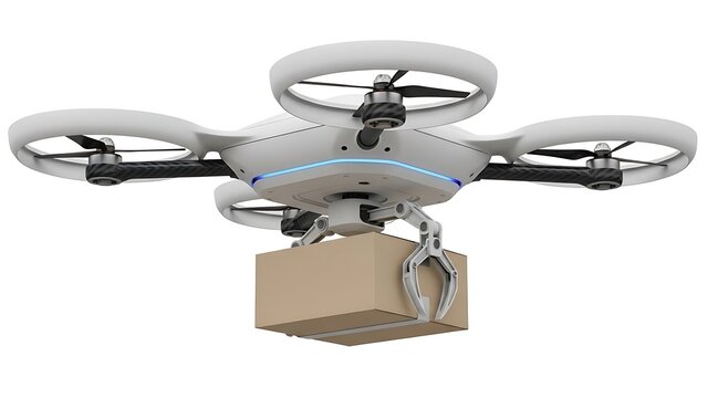 Futuristic white delivery drone carrying a parcel box isolated on white background for logistics