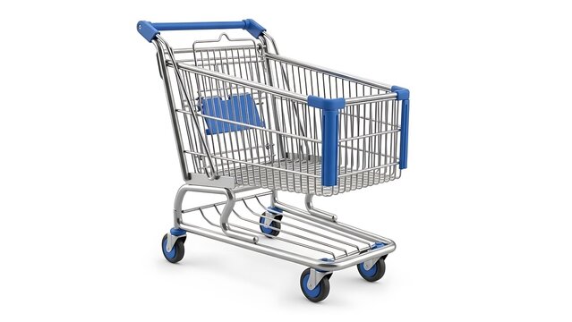 Shiny metal shopping cart trolley isolated on white background for ecommerce and retail