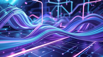 Vibrant digital waves flow through futuristic circuit board landscape