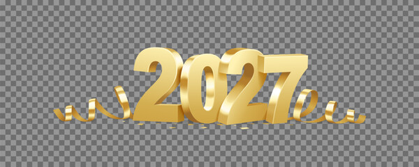 Happy New Year 2027. Golden 3D numbers with ribbons and confetti, isolated on transparent background.