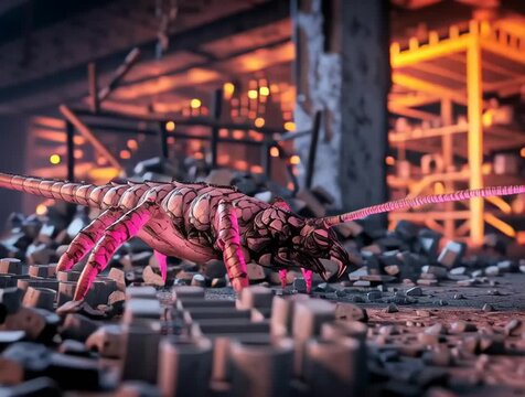 Giant alien insect exploring destroyed post apocalyptic city