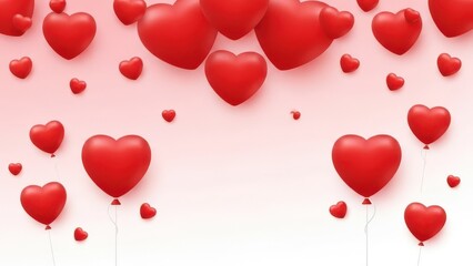 Abstract background of floating three dimensional red heart shaped balloons symbolizing romance love and affectionate feelings
