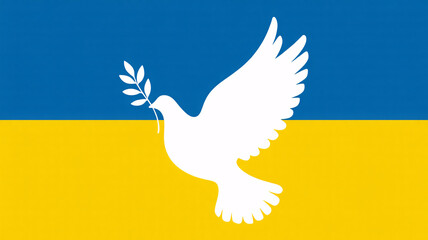 Peaceful dove holding olive branch on blue and yellow background
