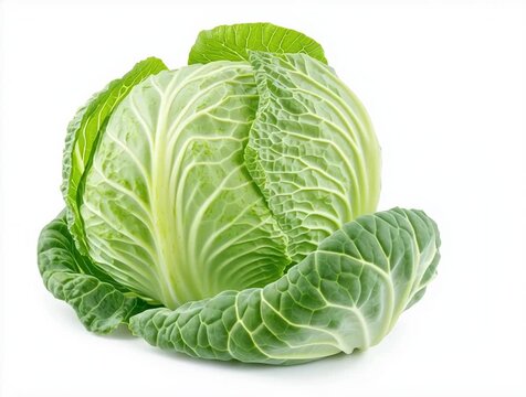 Fresh green cabbage with leaves isolated on white background