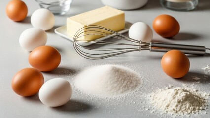 Fresh baking essentials eggs, butter, sugar, and flour, with a whisk, arranged on a kitchen counter, ready for delicious homemade dessert creation