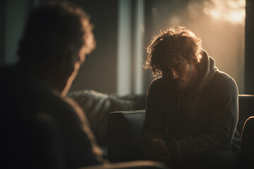Psychological help service. Depressed male patient having psychotherapy session with counselor at mental health clinic