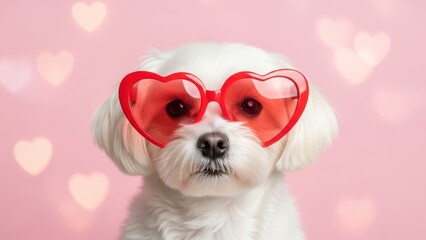 Cute white dog wearing heart shaped red sunglasses on pink background