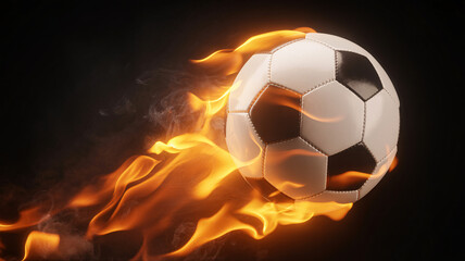 Naklejka premium Blazing soccer ball engulfed in fiery flames on dark background
