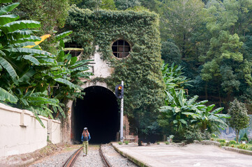 Abandoned railway tracks disappear into a vegetation-choked tunnel where nature conquers human industry.