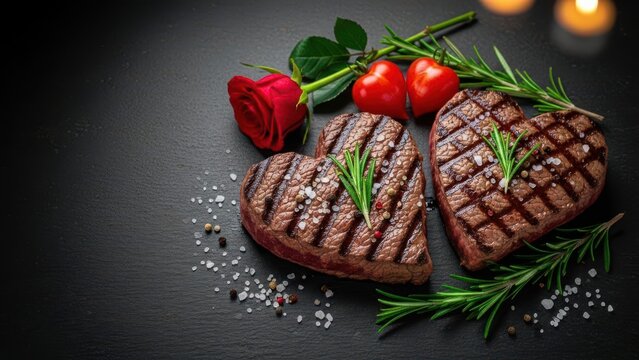 Two heart shaped steaks on dark background with roses