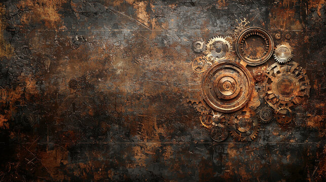 Intricate abstract steampunk background featuring mechanical gears and rustic industrial aesthetic. concept of industrial design, vintage aesthetics, retro futurism