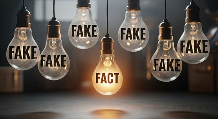 One glowing light bulb with the word fact among several non-glowing light bulbs with the word fake, concept of truth among misinformation.