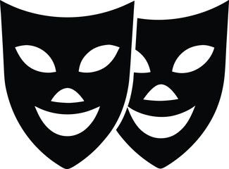 Two smiling theatrical masks vector, Drama performance entertainment emblem