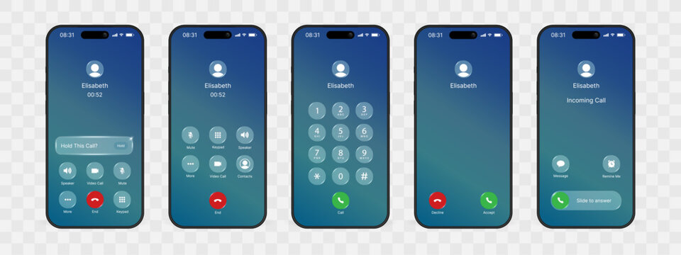 Smartphone Call Interface UI Vector Set with Liquid Glass Effect &ndash; Mobile Incoming and Active Call Screens Featuring Buttons for Mute, Keypad, Speaker and Video Call, Phone App UX Design.