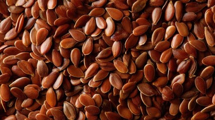 Seeds are displayed in a close up view where many of them are packed closely. The seeds have a shiny brown appearance and vary slightly in size and shape.