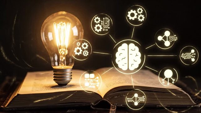 Light bulb symbolizes innovation on open book representing knowledge and technology