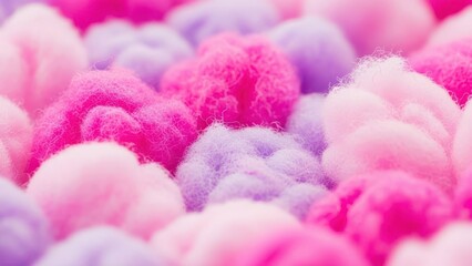 Soft cotton balls in vibrant shades of pink and purple offering a soothing background texture