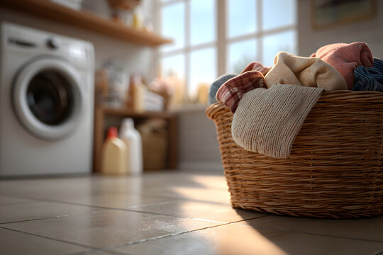 Wicker basket with dirty clothes near washing machine in laundry room