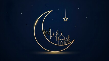 Naklejka premium Elegant golden crescent moon with a mosque silhouette for islamic greeting card design illustration