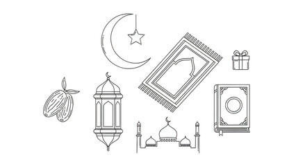 Fototapeta premium A collection of ramadan symbols and icons in a minimalist line art style on black background illustration