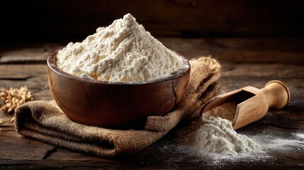 A wooden bowl holds flour with some spilling onto a burlap cloth next to a wooden scoop. The setting is a rustic kitchen with natural light highlighting the scene.